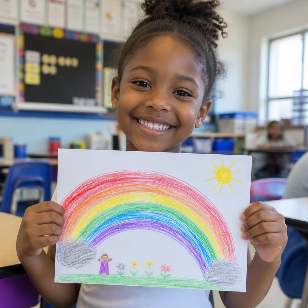 Smiling child holding a colorful rainbow drawing